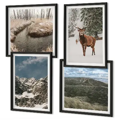Set 4 slike u okviru planinski šumski krajolik sa jelenom
