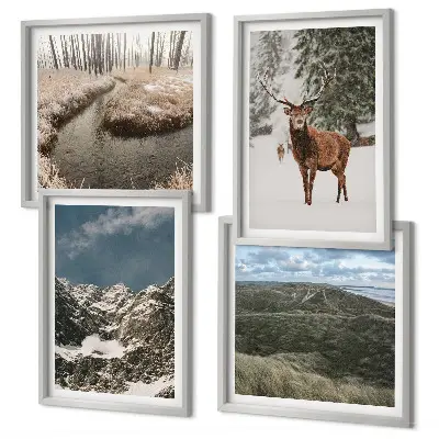 Set 4 slike u okviru planinski šumski krajolik sa jelenom