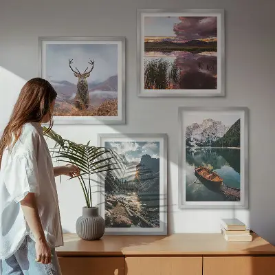 Komplet slika za spavaću sobu motiv zalaska sunca na planinskom jezeru s jelenom