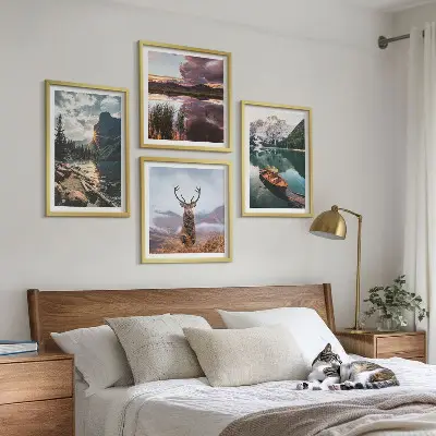 Komplet slika za spavaću sobu motiv zalaska sunca na planinskom jezeru s jelenom