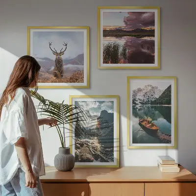 Komplet slika za spavaću sobu motiv zalaska sunca na planinskom jezeru s jelenom