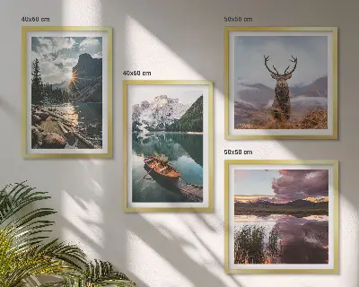 Komplet slika za spavaću sobu motiv zalaska sunca na planinskom jezeru s jelenom