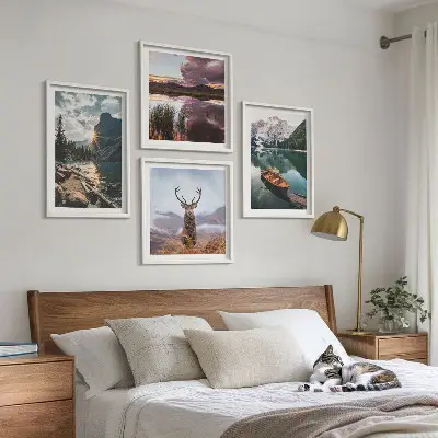 Komplet slika za spavaću sobu motiv zalaska sunca na planinskom jezeru s jelenom