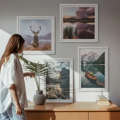 Komplet slika za spavaću sobu motiv zalaska sunca na planinskom jezeru s jelenom