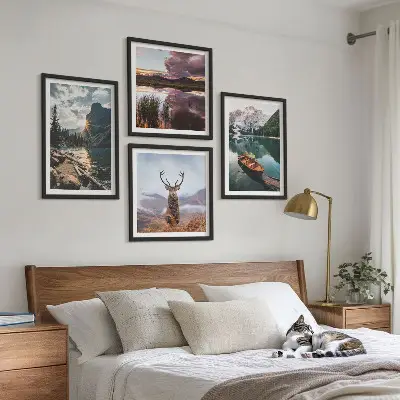 Komplet slika za spavaću sobu motiv zalaska sunca na planinskom jezeru s jelenom
