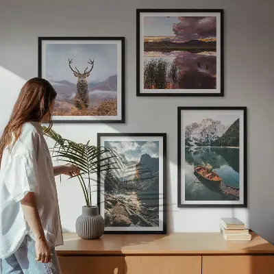 Komplet slika za spavaću sobu motiv zalaska sunca na planinskom jezeru s jelenom