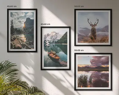 Komplet slika za spavaću sobu motiv zalaska sunca na planinskom jezeru s jelenom
