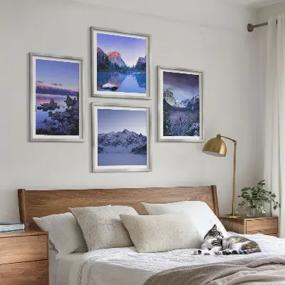 Dekorativni komplet zidnih slika planinski krajolici sa zalaskom sunca iznad vode