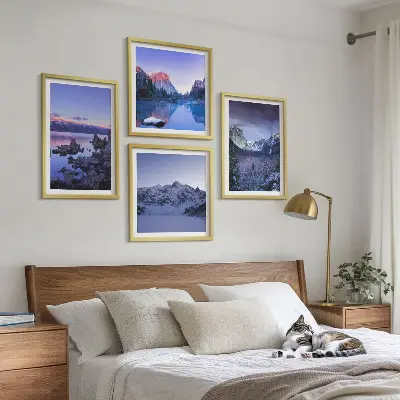 Dekorativni komplet zidnih slika planinski krajolici sa zalaskom sunca iznad vode