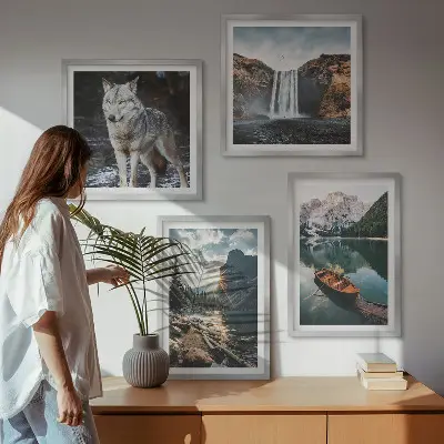 Set od 4 slike u okviru planinska jezera, vodopad i vuk