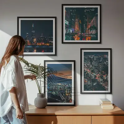 Pogled na grad noću s planine set od 4 slike u okviru