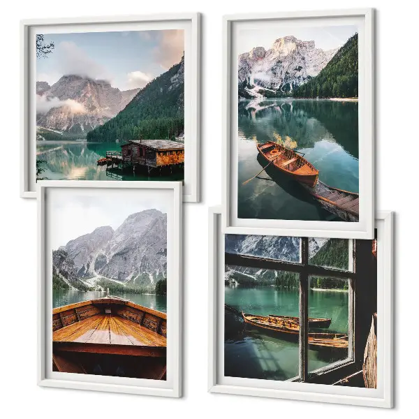 Set od 4 slike u okviru motiv jezera, planina, brodova, vikendice i prozora