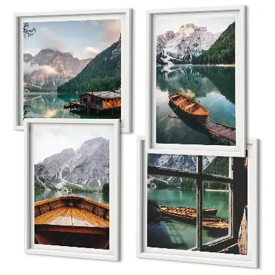 Set od 4 slike u okviru motiv jezera, planina, brodova, vikendice i prozora