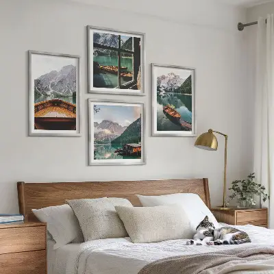 Set od 4 slike u okviru motiv jezera, planina, brodova, vikendice i prozora