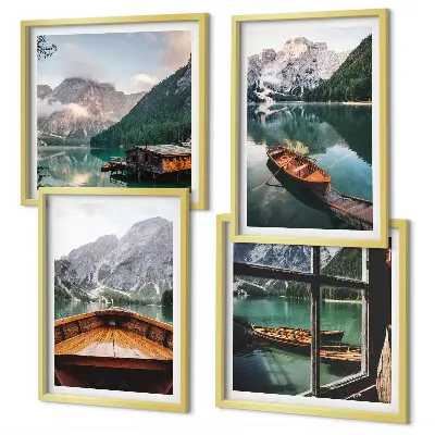 Set od 4 slike u okviru motiv jezera, planina, brodova, vikendice i prozora