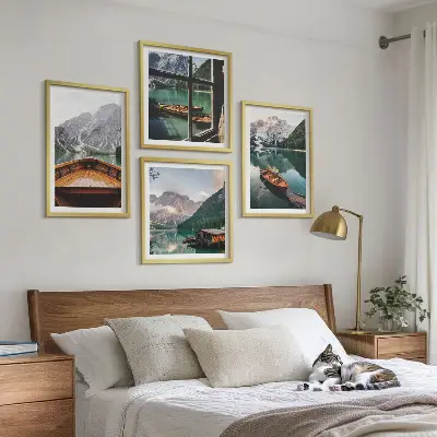 Set od 4 slike u okviru motiv jezera, planina, brodova, vikendice i prozora