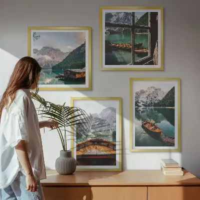 Set od 4 slike u okviru motiv jezera, planina, brodova, vikendice i prozora