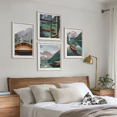 Set od 4 slike u okviru motiv jezera, planina, brodova, vikendice i prozora