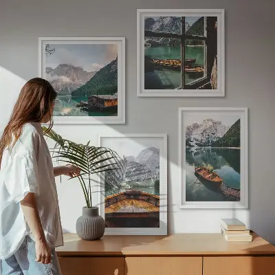 Set od 4 slike u okviru motiv jezera, planina, brodova, vikendice i prozora