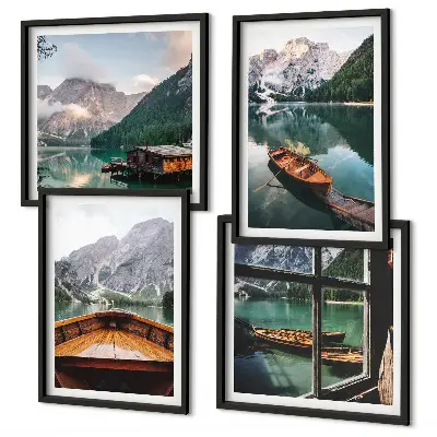 Set od 4 slike u okviru motiv jezera, planina, brodova, vikendice i prozora