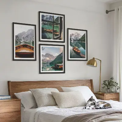 Set od 4 slike u okviru motiv jezera, planina, brodova, vikendice i prozora