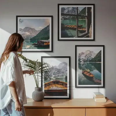 Set od 4 slike u okviru motiv jezera, planina, brodova, vikendice i prozora