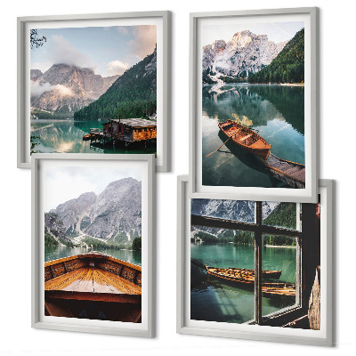 Set 4 slike u okviru Jezero, planine, brodovi, vikendica, prozor