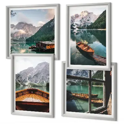 Set od 4 slike u okviru motiv jezera, planina, brodova, vikendice i prozora