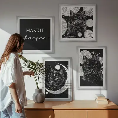 Komplet slika za spavaću sobu planet Mjesec s crnim mačkama