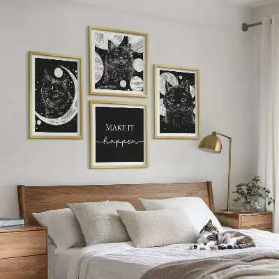 Komplet slika za spavaću sobu planet Mjesec s crnim mačkama
