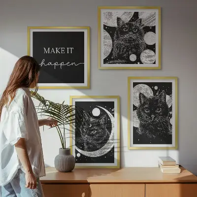 Komplet slika za spavaću sobu planet Mjesec s crnim mačkama