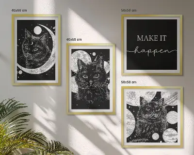 Komplet slika za spavaću sobu planet Mjesec s crnim mačkama