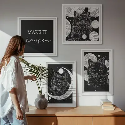 Komplet slika za spavaću sobu planet Mjesec s crnim mačkama