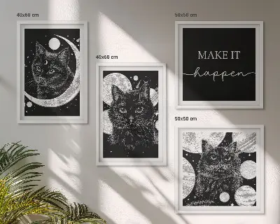 Komplet slika za spavaću sobu planet Mjesec s crnim mačkama