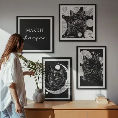 Komplet slika za spavaću sobu planet Mjesec s crnim mačkama