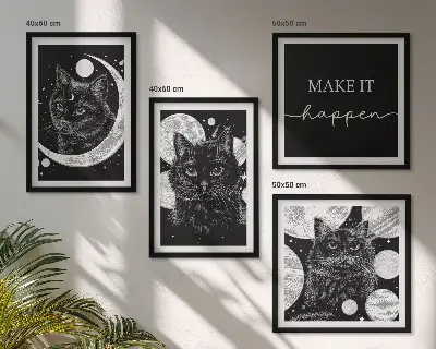 Komplet slika za spavaću sobu planet Mjesec s crnim mačkama