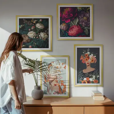 Set od 4 slike u okviru cvjetni portreti s motivima buketa i lišća
