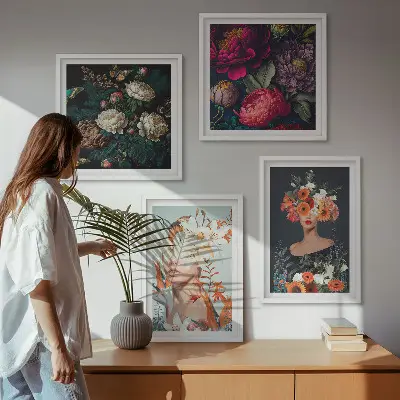 Set od 4 slike u okviru cvjetni portreti s motivima buketa i lišća