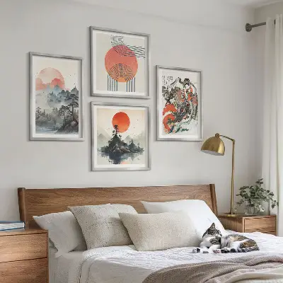 Komplet slika za spavaću sobu s motivom azijskih krajolika u japandi stilu