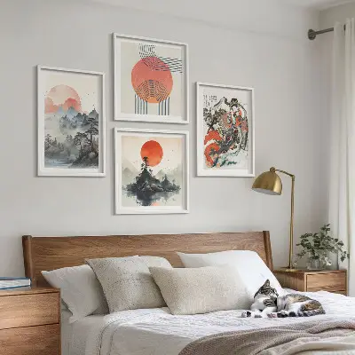 Komplet slika za spavaću sobu s motivom azijskih krajolika u japandi stilu