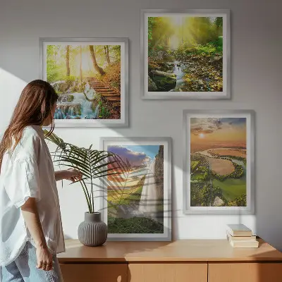 Komplet slika za spavaću sobu motiva vodopada i narančastih planina