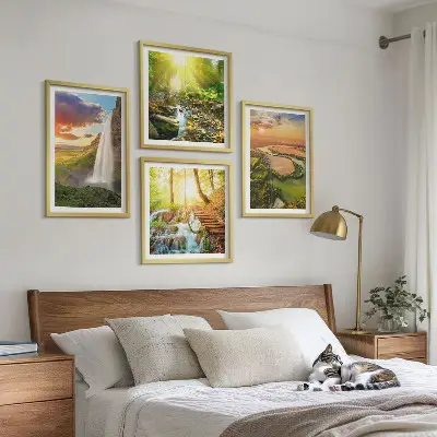 Komplet slika za spavaću sobu motiva vodopada i narančastih planina