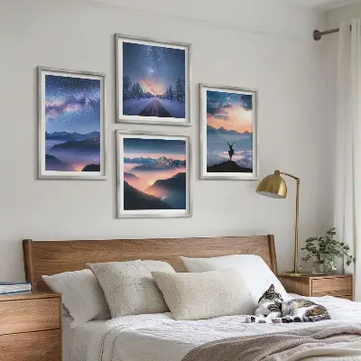 Komplet slika za spavaću sobu s motivom noćnog neba, planine, magle i jelena