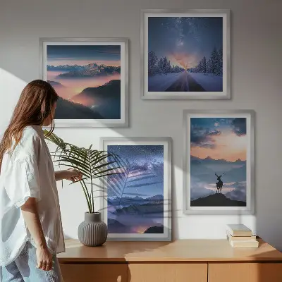 Komplet slika za spavaću sobu s motivom noćnog neba, planine, magle i jelena