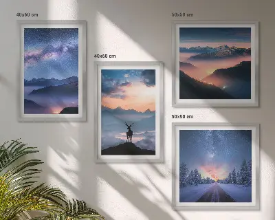 Komplet slika za spavaću sobu s motivom noćnog neba, planine, magle i jelena