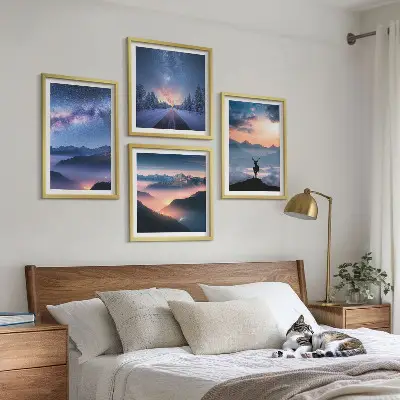 Komplet slika za spavaću sobu s motivom noćnog neba, planine, magle i jelena