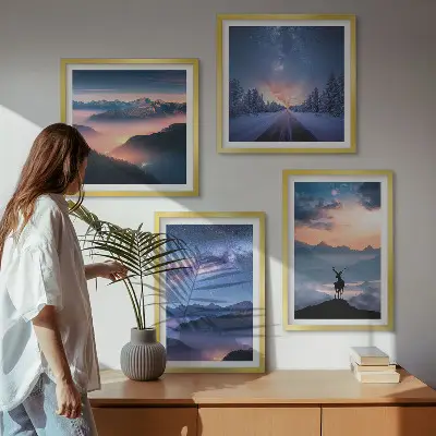 Komplet slika za spavaću sobu s motivom noćnog neba, planine, magle i jelena