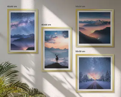 Komplet slika za spavaću sobu s motivom noćnog neba, planine, magle i jelena