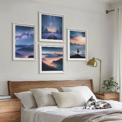 Komplet slika za spavaću sobu s motivom noćnog neba, planine, magle i jelena