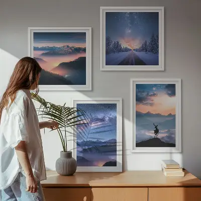 Komplet slika za spavaću sobu s motivom noćnog neba, planine, magle i jelena